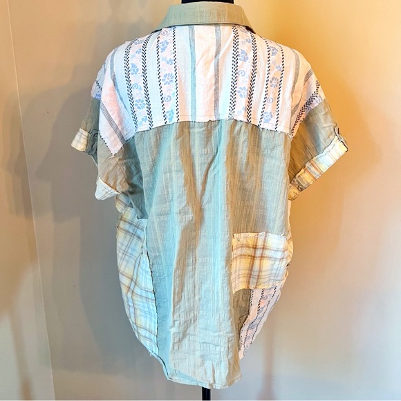 GIGIO Mixed Patchwork Button Down Short Sleeve Shirt Top Size Small Sage Green - Picture 11 of 11